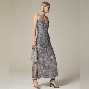 NWT J CREW SEQUIN FLOOR LENGTH SLIP DRESS SILVER SZ 0 makeup inside
